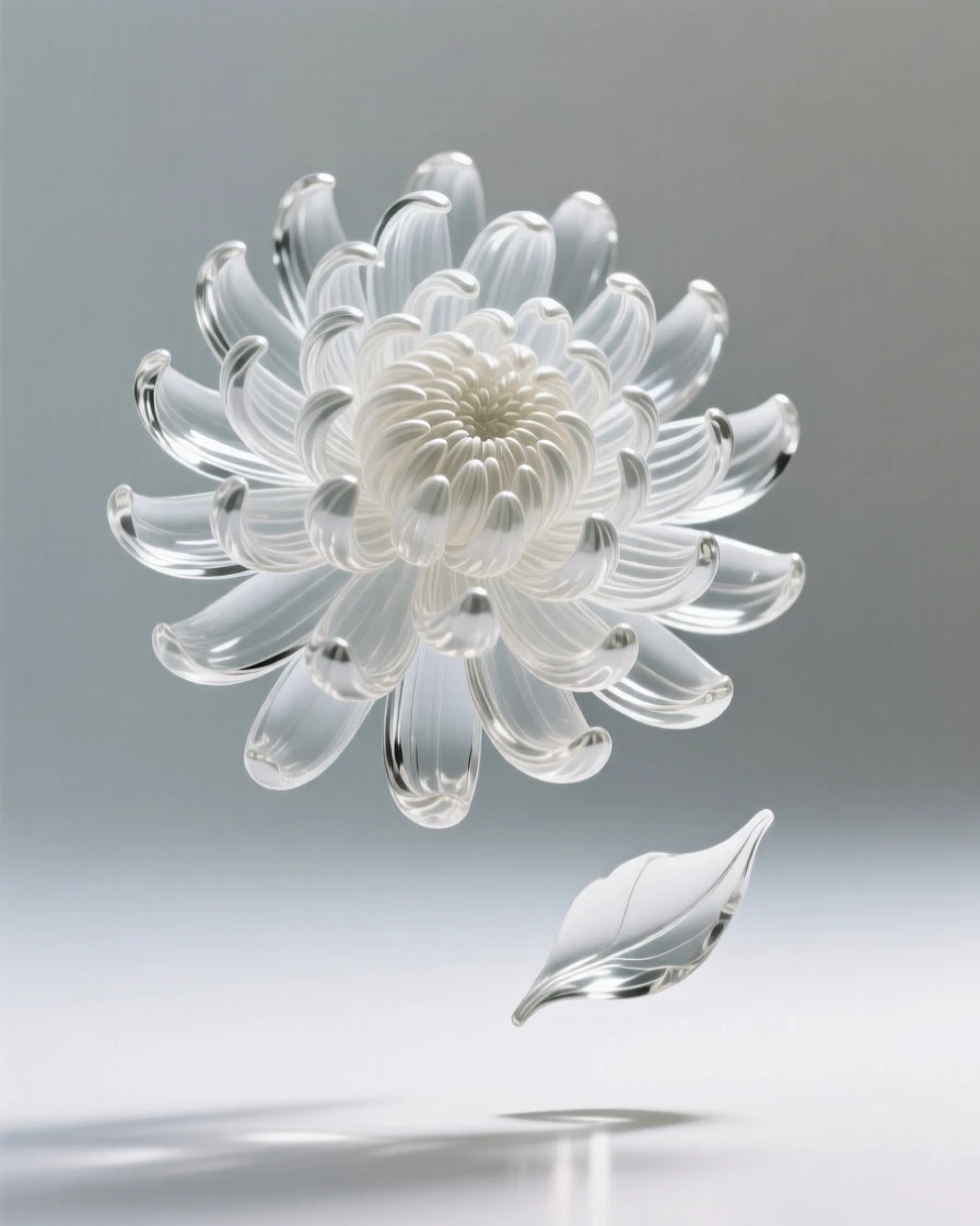 A chrysanthemum bursting outward in layered petals while a single petal drifts free on the breeze