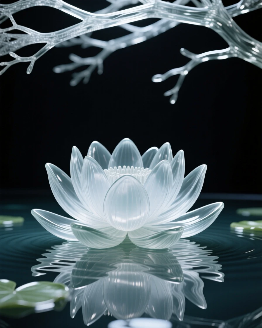 A giant water lily floating on the surface of a still pond beneath a canopy of intertwining branches