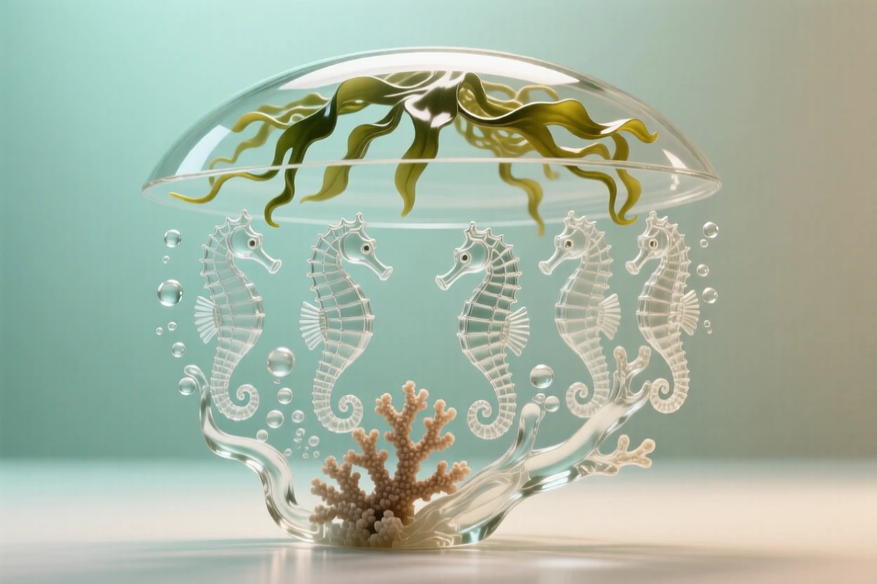 Beneath a canopy of floating kelp, a group of seahorses gathered around a coral branch, while bubbles rise in a slow, steady stream