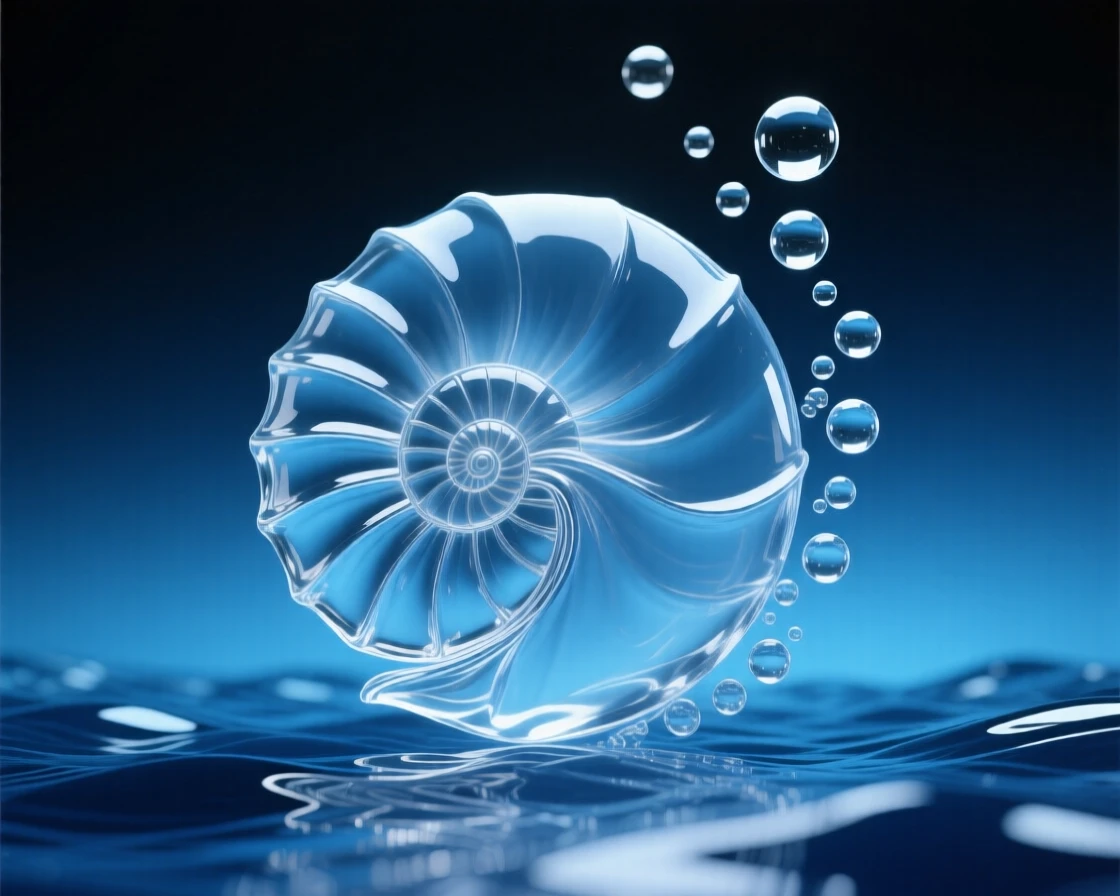 A nautilus drifting slowly through the deep blue current while bubbles rise in a slow, steady stream