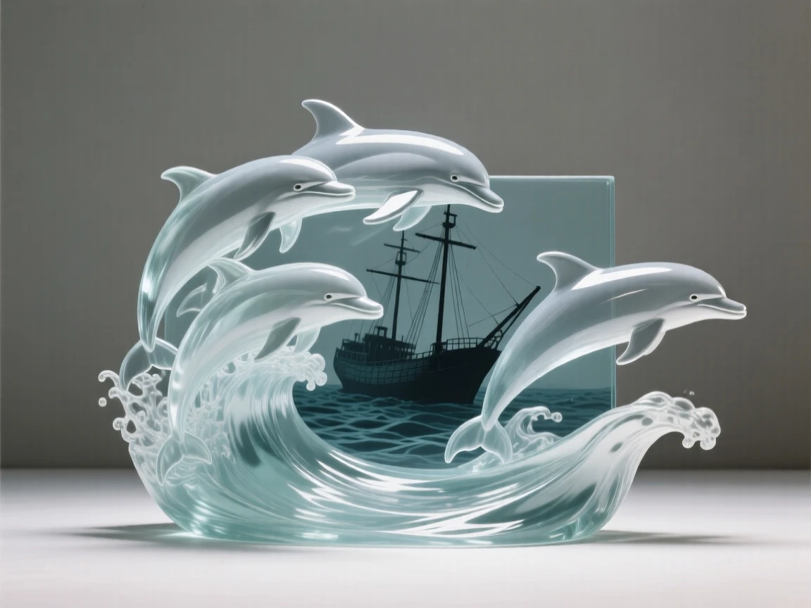 A group of dolphins riding the bow wave of unseen currents with distant silhouettes of a sunken ship nearby
