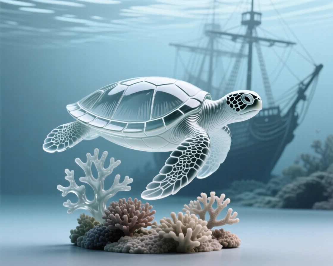 A sea turtle gliding gracefully over a coral reef with distant silhouettes of a sunken ship nearby, while the current gently sways the surrounding coral