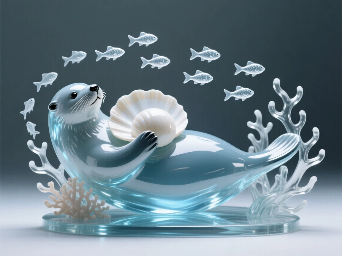 A sea otter floating on its back cradling a shell surrounded by schools of fish moving in unison, while the current gently sways the surrounding coral