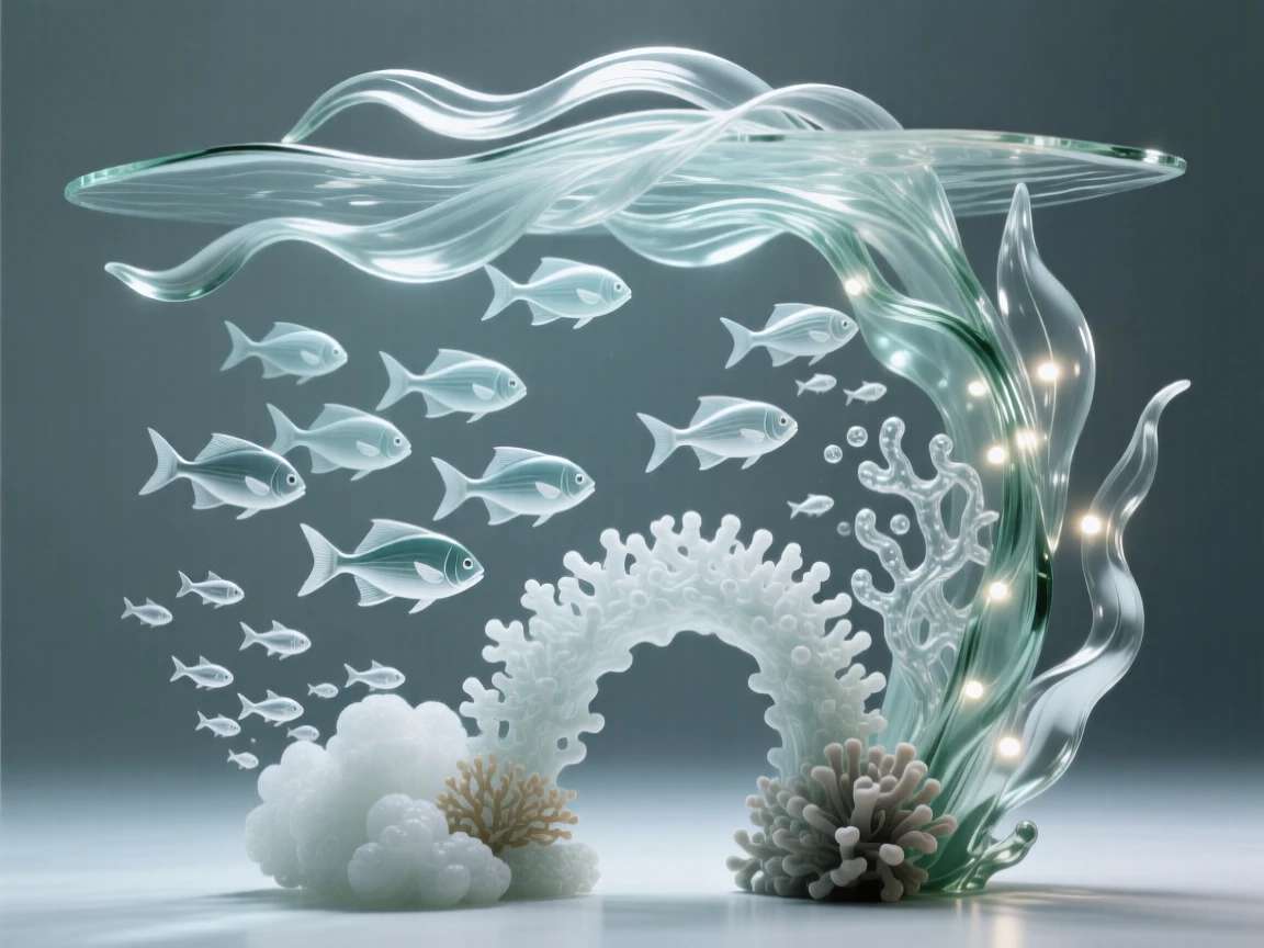 Beneath a canopy of floating kelp, a school of tropical fish weaving through a coral archway, while a cloud of tiny fish scatters and reforms nearby