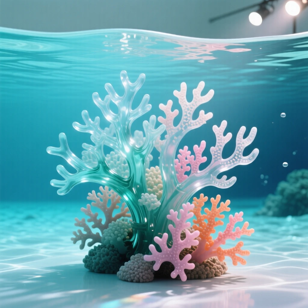 Beneath the surface of a calm turquoise lagoon, a colony of coral stretching across the ocean floor