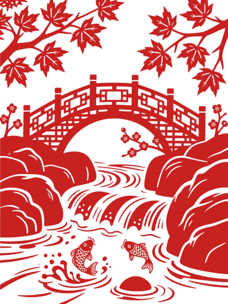 A rushing mountain stream tumbling over smooth boulders, a wooden footbridge arching across it beneath overhanging maple branches