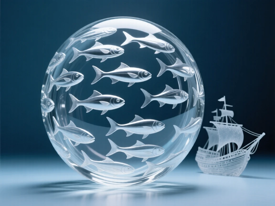 A school of silver fish swirling into a shifting sphere with distant silhouettes of a sunken ship nearby