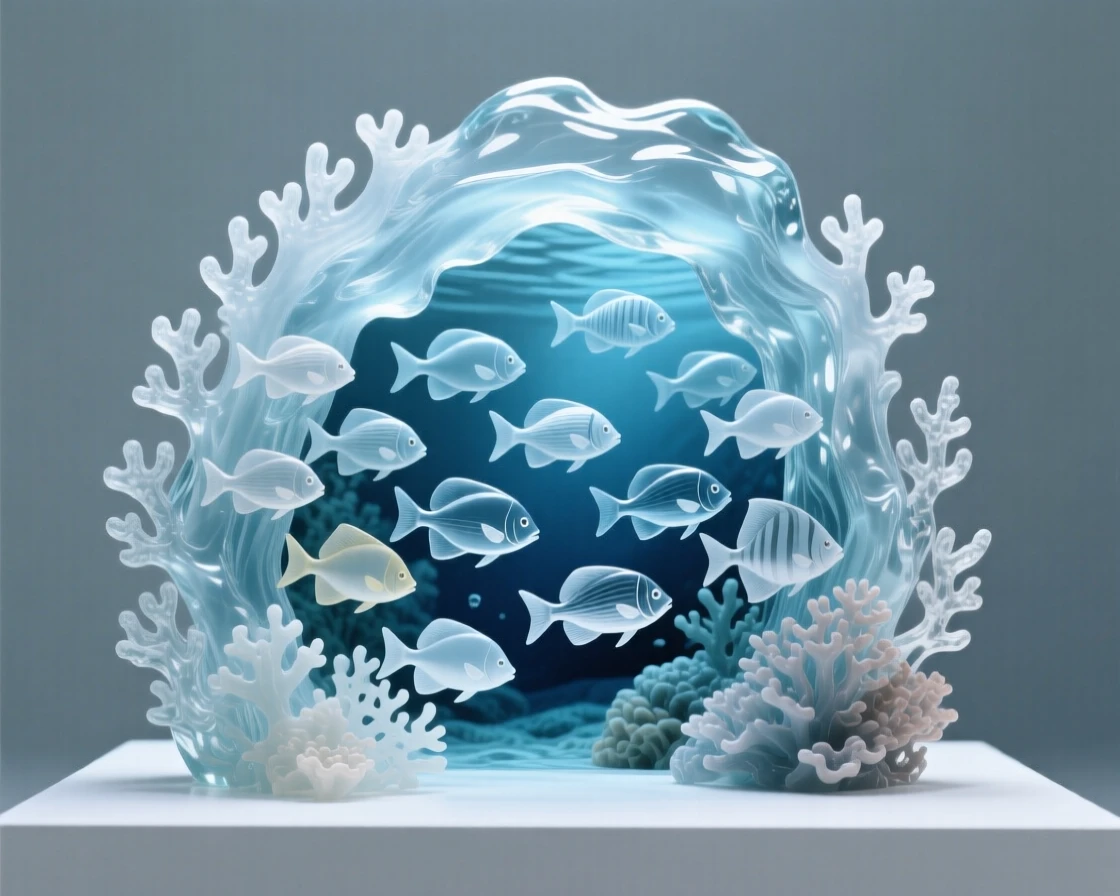 Beside an underwater cave lined with soft coral, a school of tropical fish weaving through a coral archway