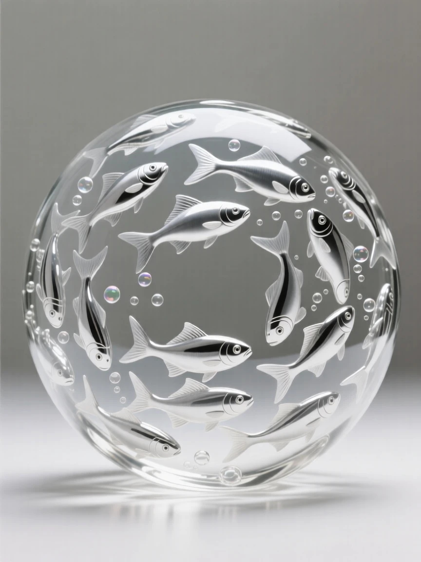 As bubbles rise gently toward the surface, a school of silver fish swirling into a shifting sphere