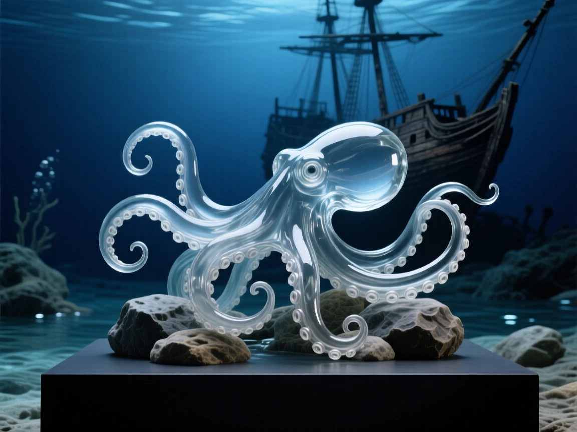 With distant silhouettes of a sunken ship nearby, an octopus unfurling its arms among the rocks of a tide pool