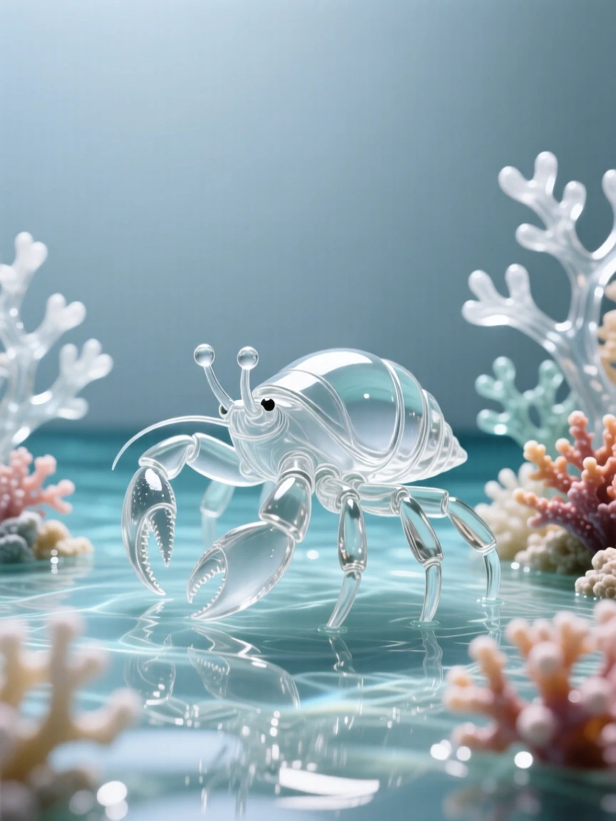 Surrounded by a coral reef bursting with color, a hermit crab making its way across a sunlit tide pool