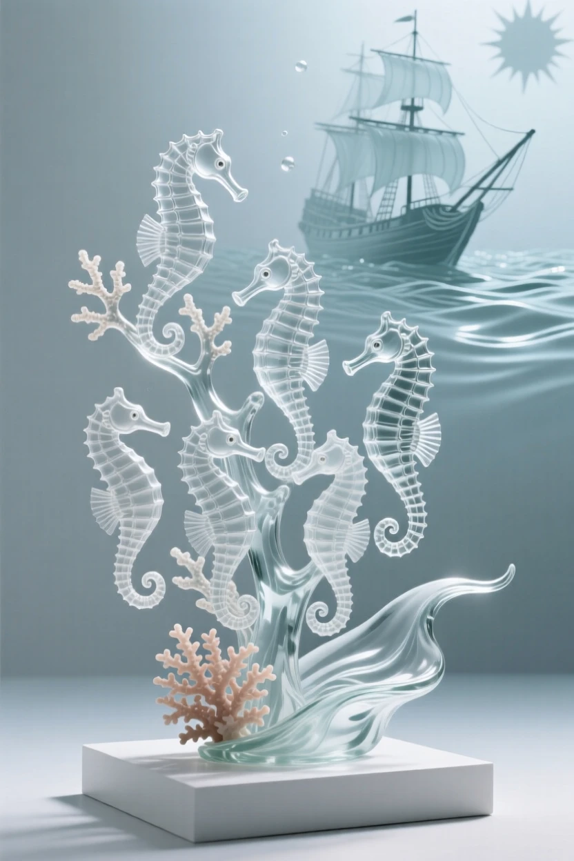 A group of seahorses gathered around a coral branch with distant silhouettes of a sunken ship nearby, while the current gently sways the surrounding coral