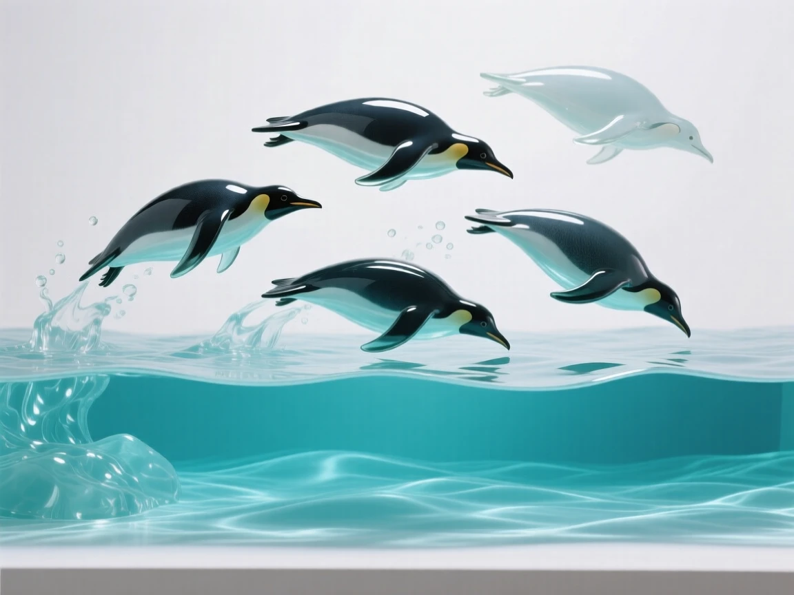 A group of penguins diving together into icy water, beneath the surface of a calm turquoise lagoon
