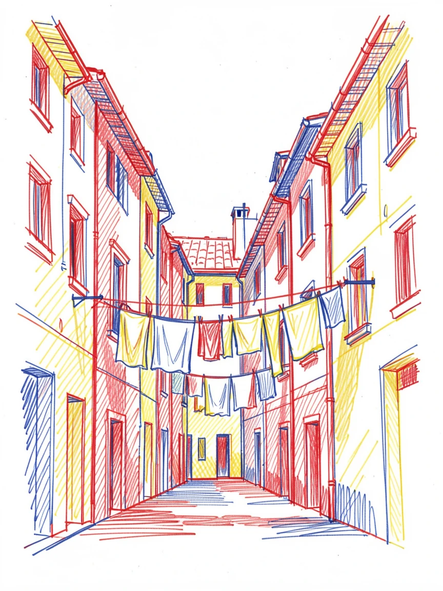 A colorful old quarter with laundry lines strung between buildings