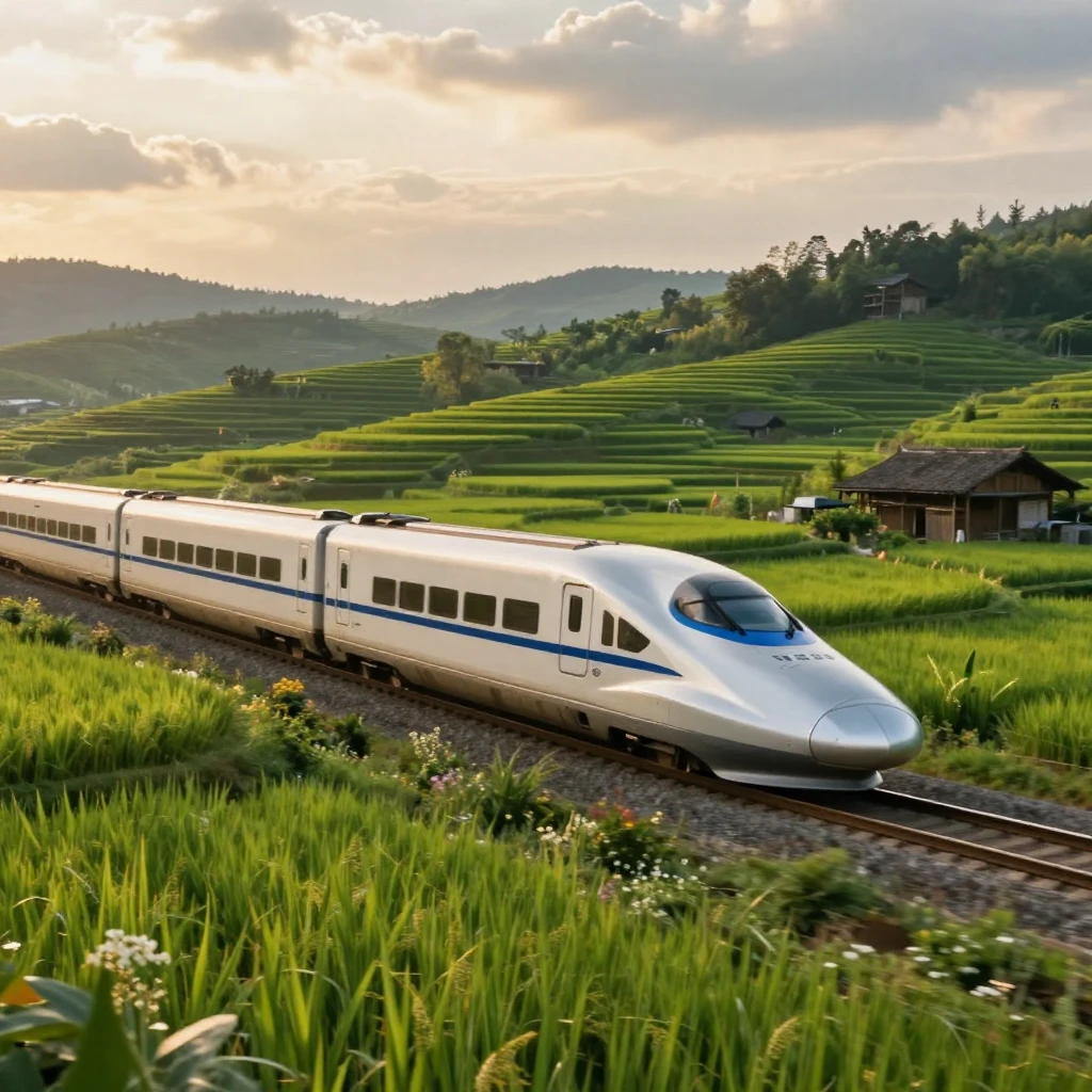 A sleek bullet train speeding past terraced rice fields in the countryside