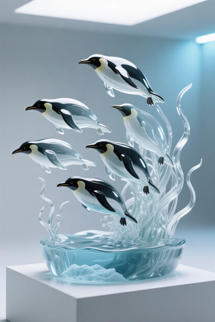 As the current carries loose strands of sea grass, a group of penguins diving together into icy water