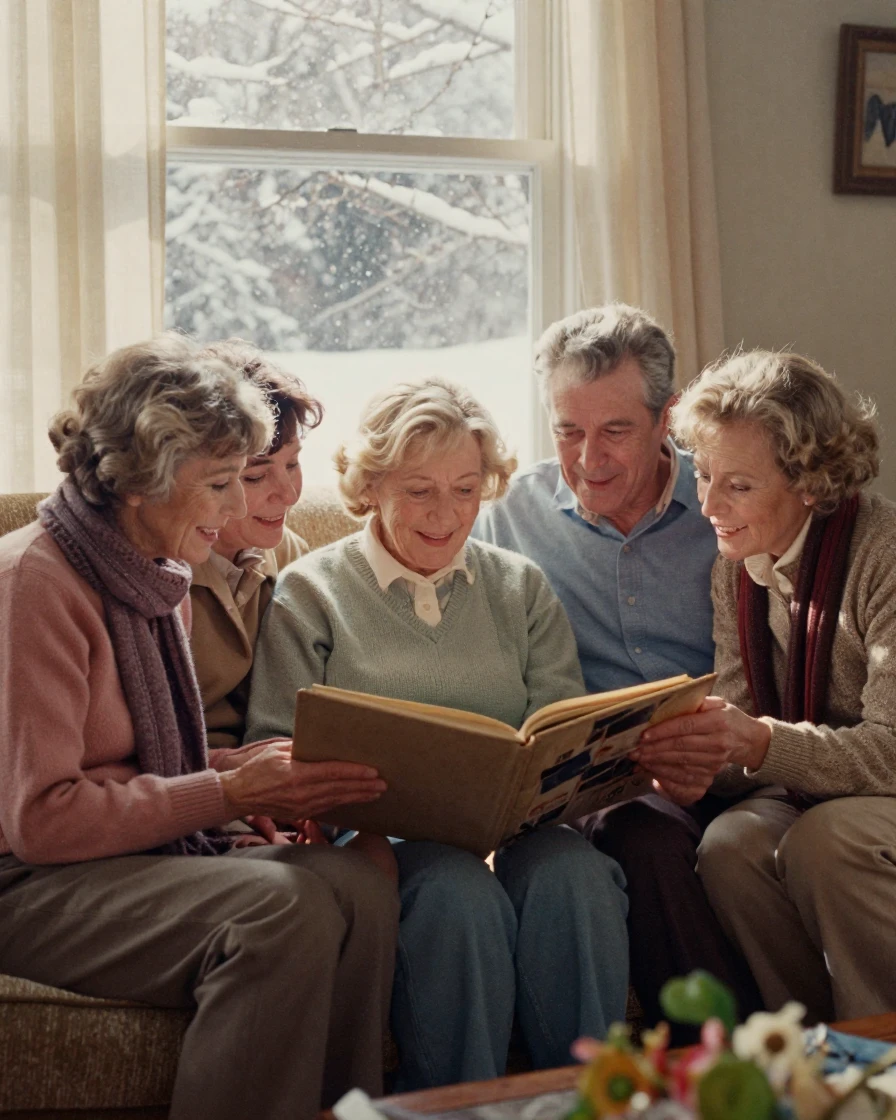 Old classmates flipping through a photo album on a couch, under soft golden-hour light, with a soft breeze stirring the air, under the first snow of winter, in soft muted pastels, peering through foliage in the foreground.