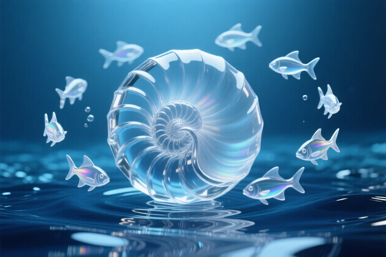 Surrounded by schools of fish moving in unison, a nautilus drifting slowly through the deep blue current