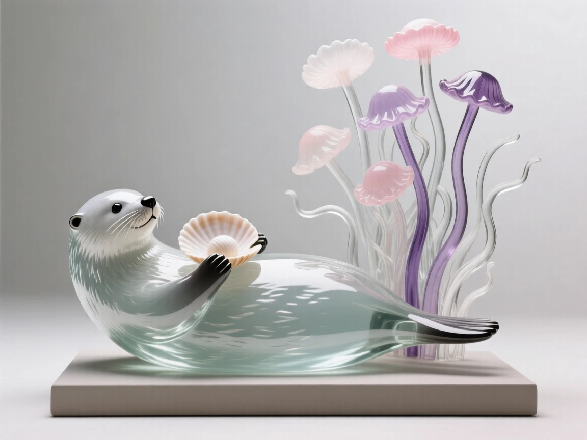 A sea otter floating on its back cradling a shell, beside a wall of anemones swaying in the current