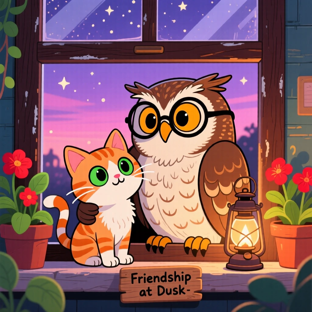 A curious kitten and a wise old owl sharing a windowsill at dusk.