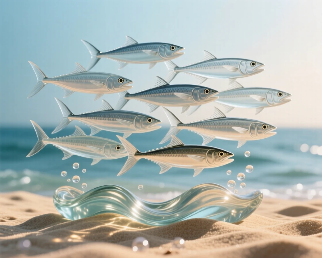 As sunlight ripples across the sandy ocean floor, a school of barracuda circling in tight formation