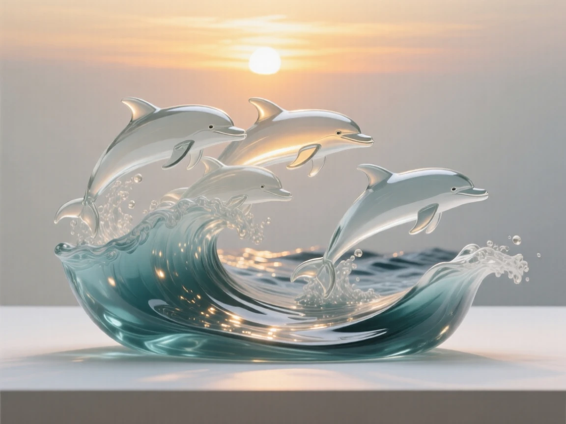 Beneath waves catching the last light of sunset, a group of dolphins riding the bow wave of unseen currents