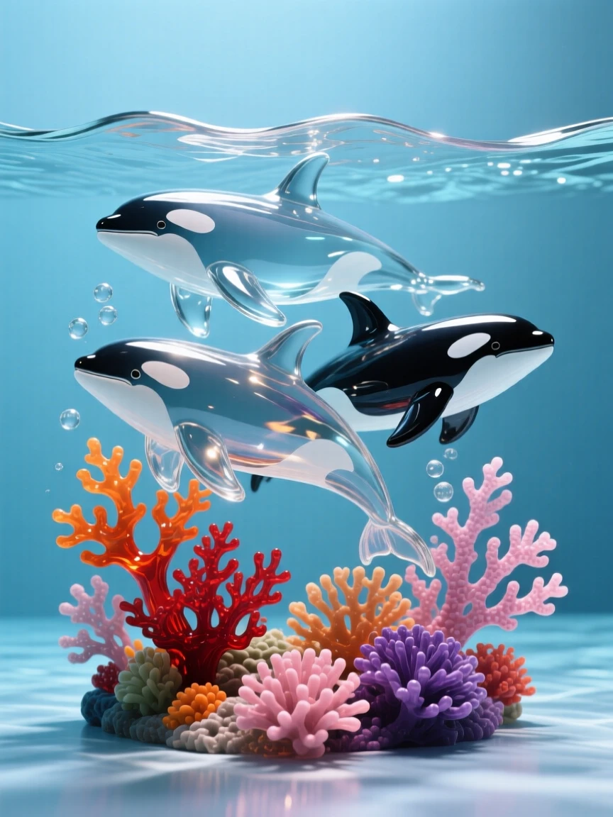 Surrounded by a coral reef bursting with color, a pod of orcas swimming together beneath the waves