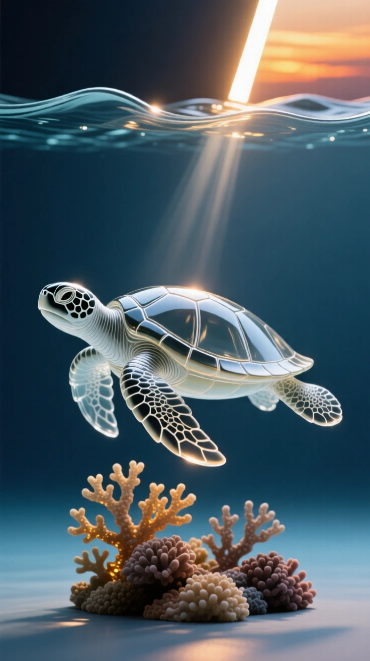 A sea turtle gliding gracefully over a coral reef beneath waves catching the last light of sunset, while a beam of sunlight cuts through the water above