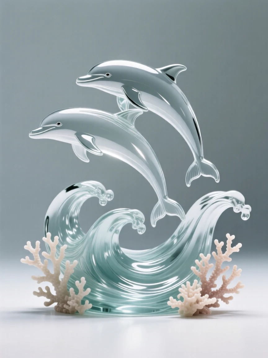 A pod of dolphins leaping together through rolling waves while the current gently sways the surrounding coral