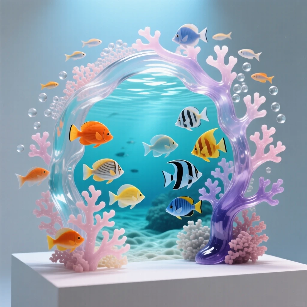 A school of tropical fish weaving through a coral archway beneath the surface of a calm turquoise lagoon, while a cloud of tiny fish scatters and reforms nearby