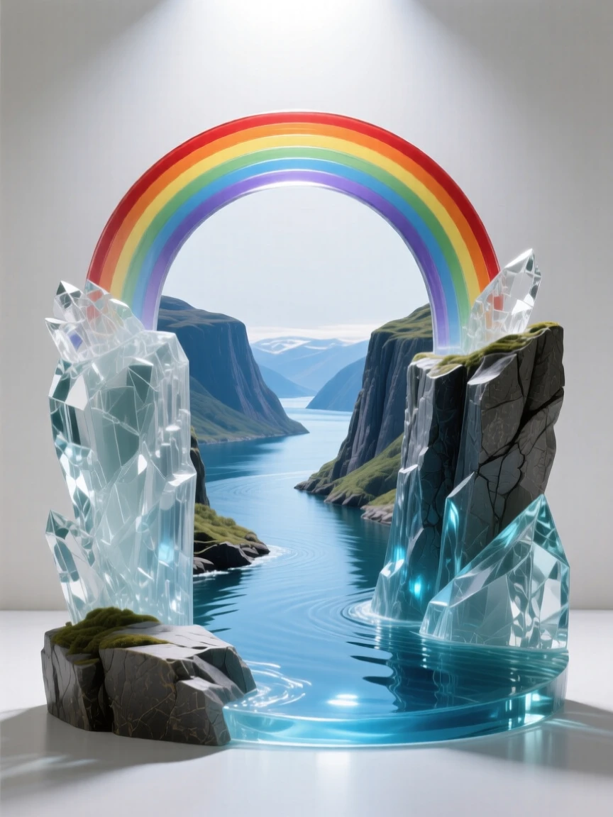 A fjord winding between towering cliffs of stone with a distant rainbow arching across the sky