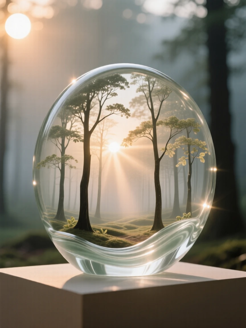 As the sun rises slowly over the distant horizon, a forest clearing where sunbeams break through the trees, while the wind carries the scent of rain across the plain