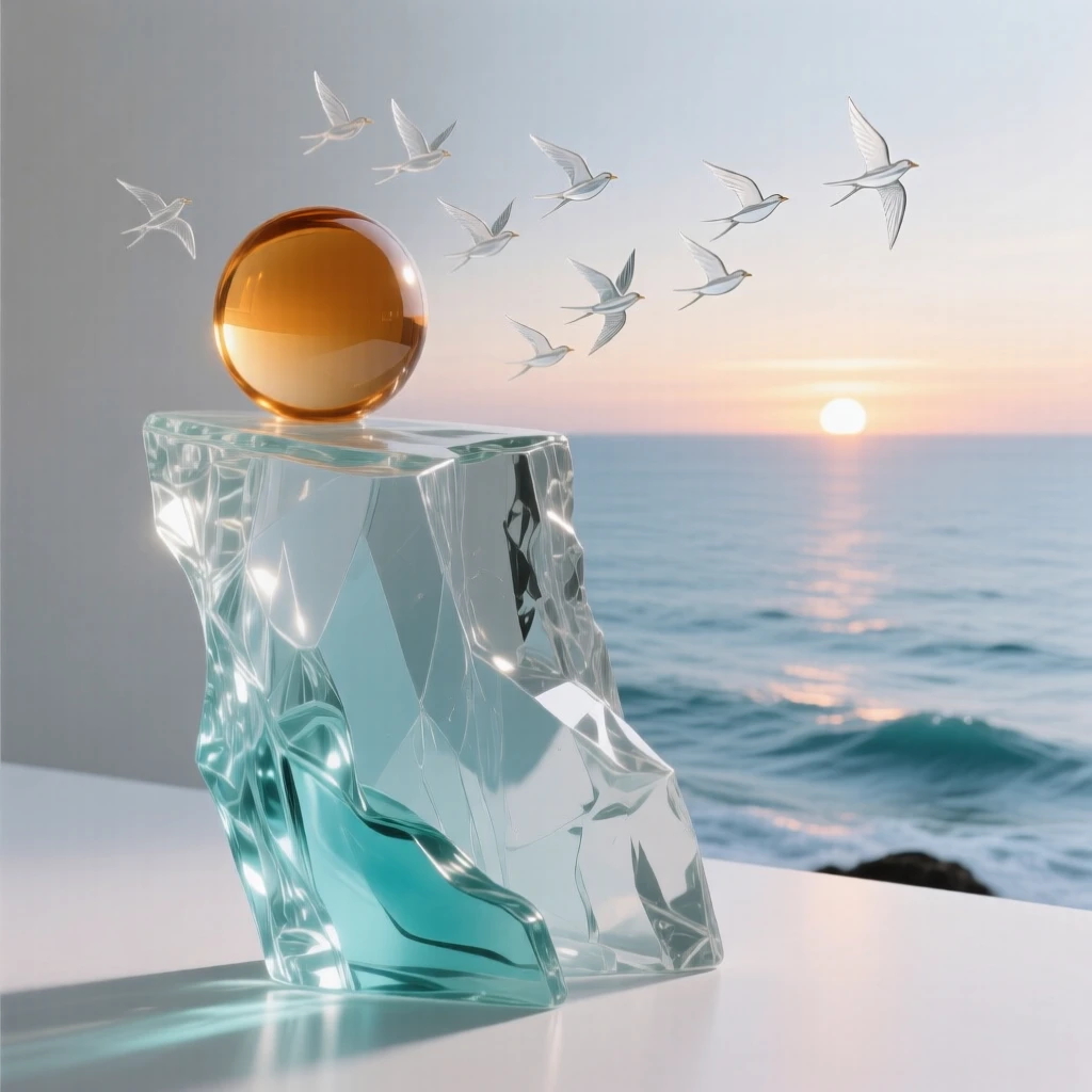 As the sun rises slowly over the distant horizon, a cliffside overlooking an endless expanse of ocean, while a flock of birds crosses the open sky