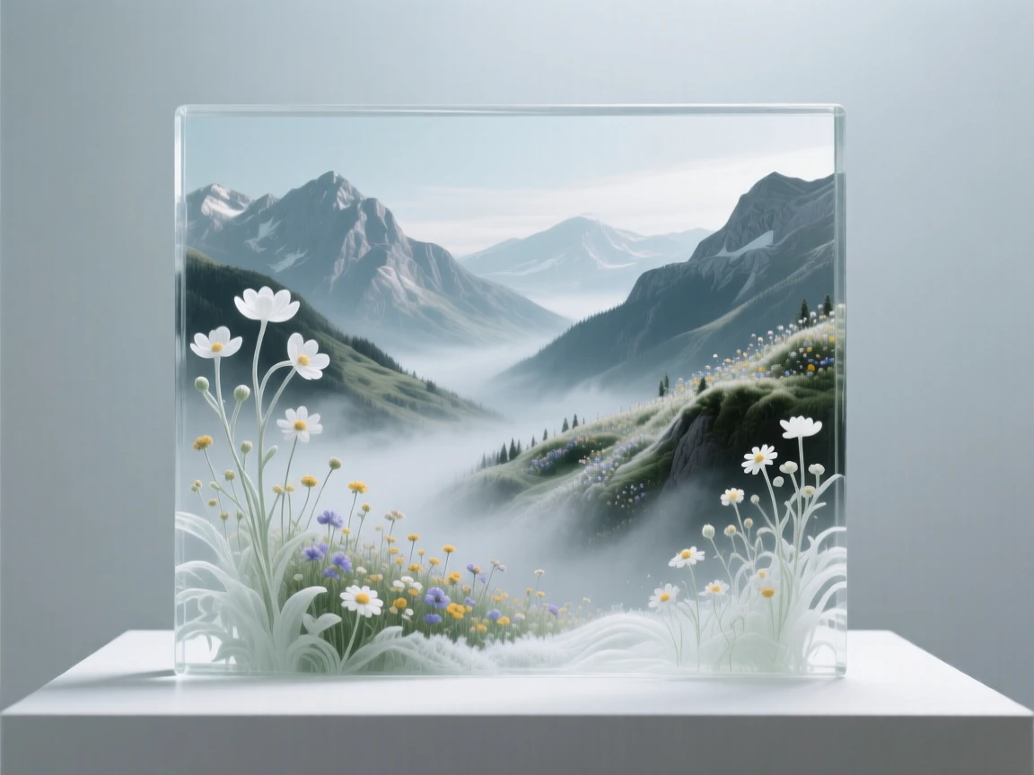 A valley blanketed in wildflowers beneath distant peaks while mist rises slowly from the valley below