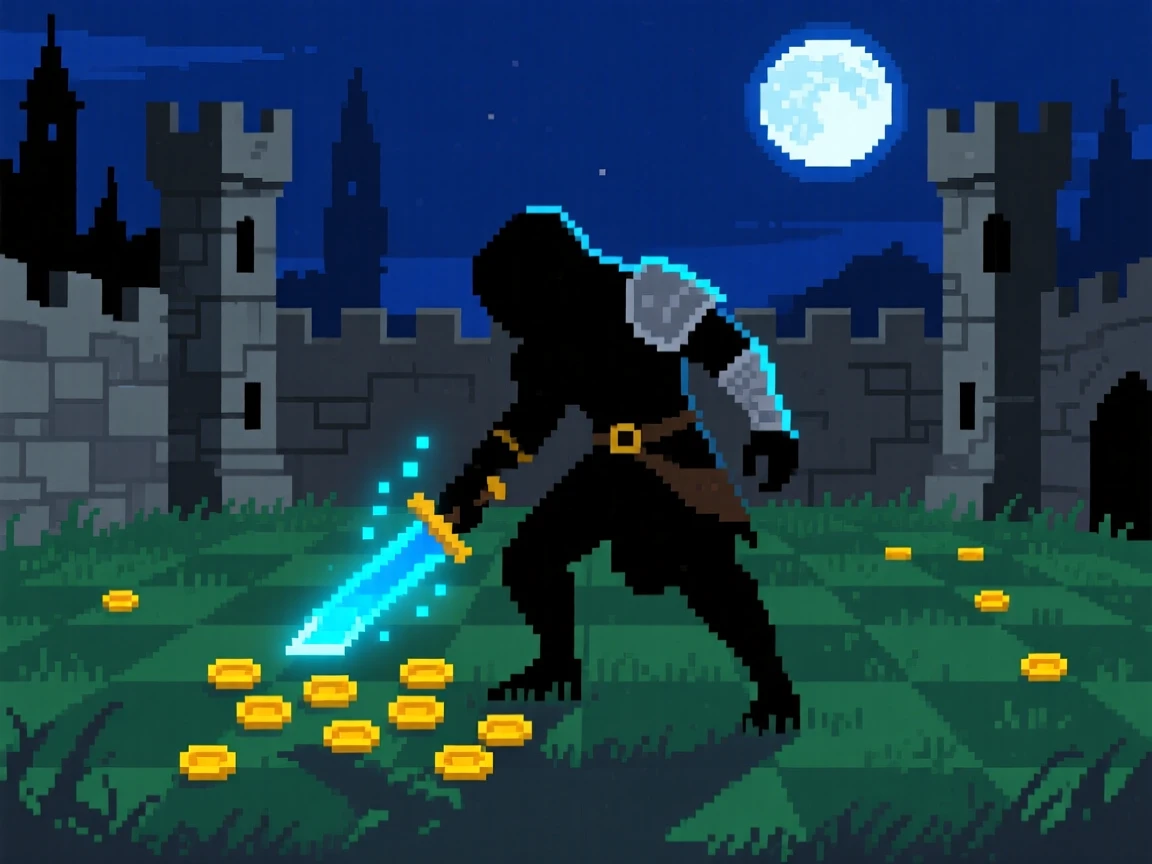 A rogue with a glowing dagger collecting glowing coins in a grassy field, within a haunted castle at midnight.