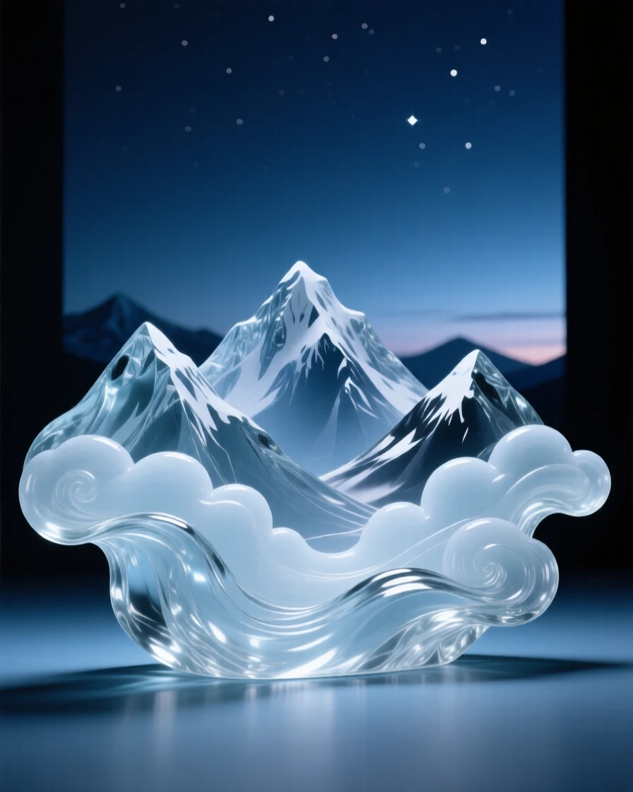 Beneath a blanket of stars just beginning to appear, a range of snow-capped mountains rising above rolling clouds