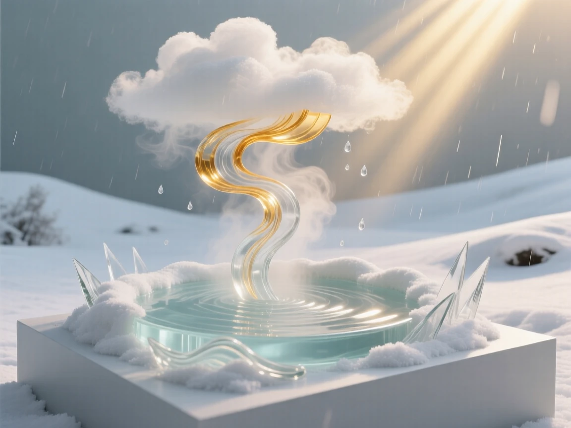A hot spring steaming gently in a snow-covered landscape as clouds part to reveal rays of golden light, while the wind carries the scent of rain across the plain