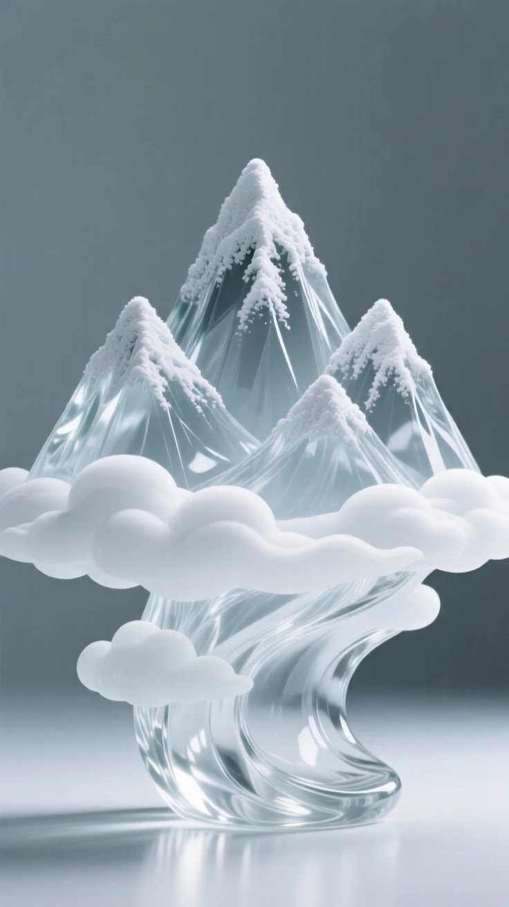 A range of snow-capped mountains rising above rolling clouds, beneath a sky filled with drifting storm clouds