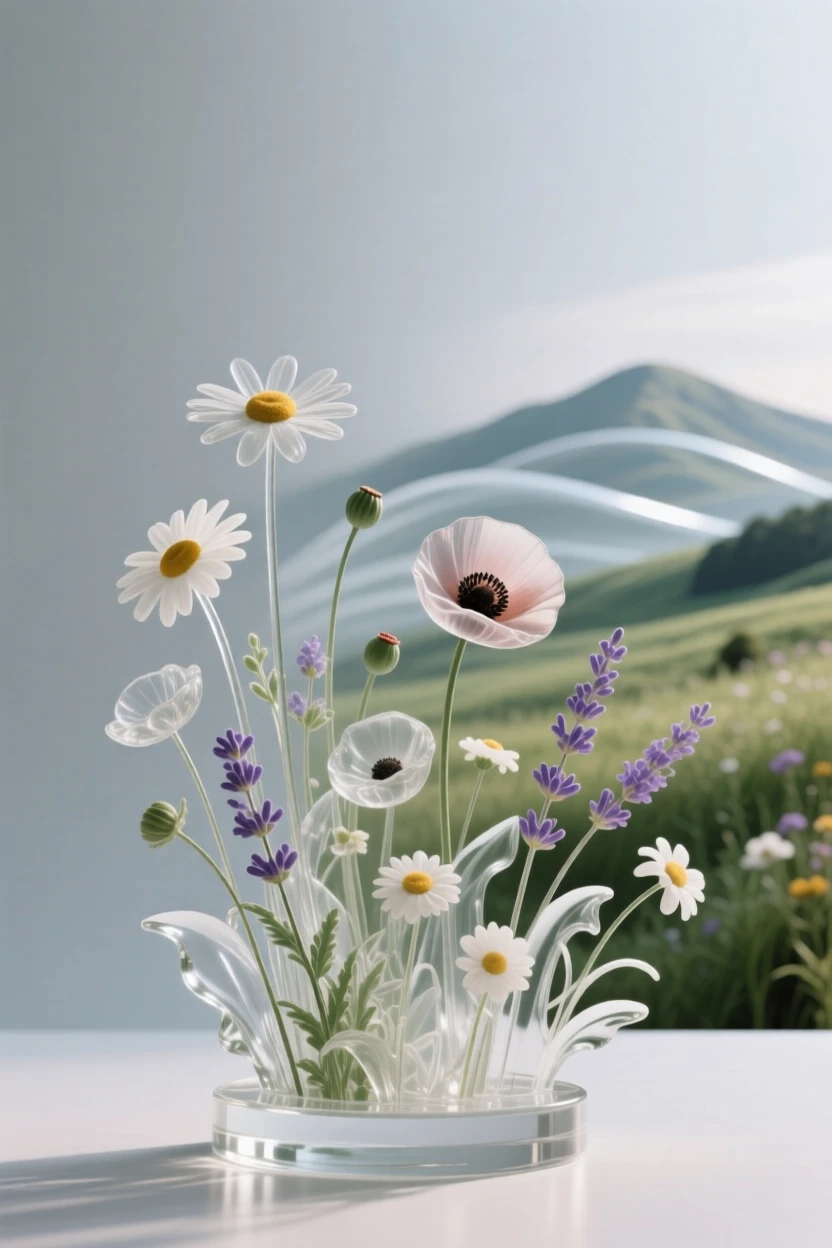 A meadow of wildflowers stretching toward distant hills, beneath a sky filled with drifting storm clouds