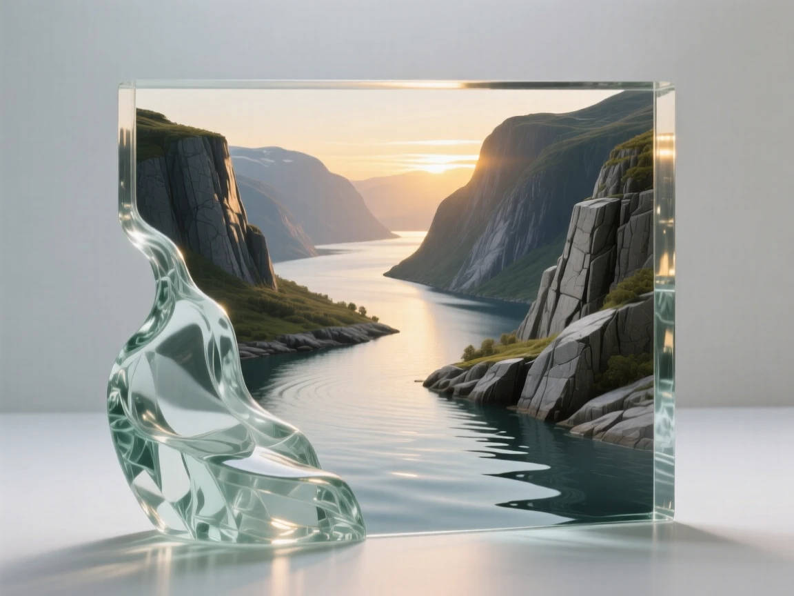 A fjord winding between towering cliffs of stone as the sun rises slowly over the distant horizon