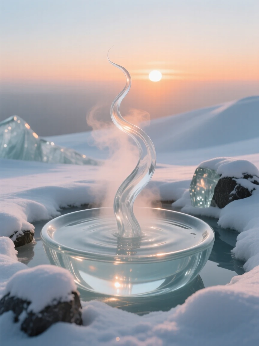 Beneath the soft glow of a setting sun, a hot spring steaming gently in a snow-covered landscape, while distant thunder rolls beyond the far ridge