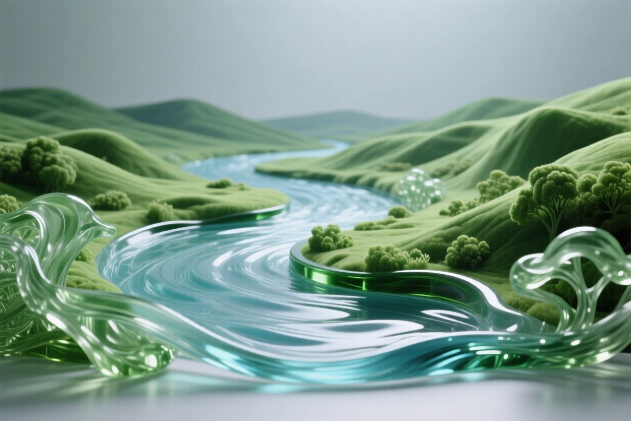 A river winding slowly through a wide green valley while mist rises slowly from the valley below