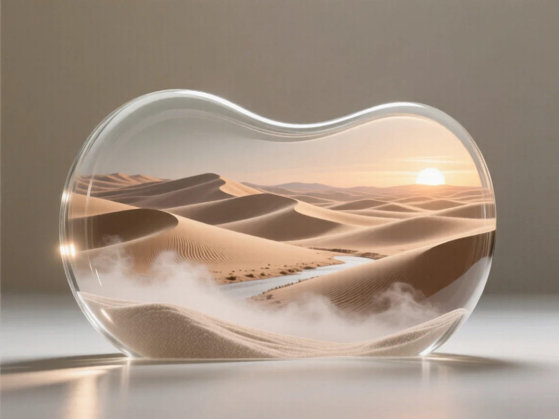 A desert of rolling dunes stretching to the horizon beneath the soft glow of a setting sun, while mist rises slowly from the valley below