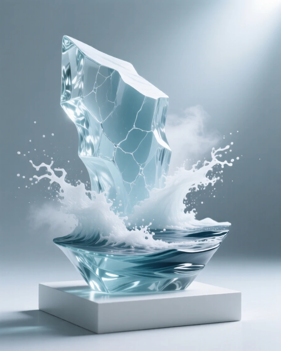 A glacier calving into the sea in a rush of white spray while the wind carries the scent of rain across the plain