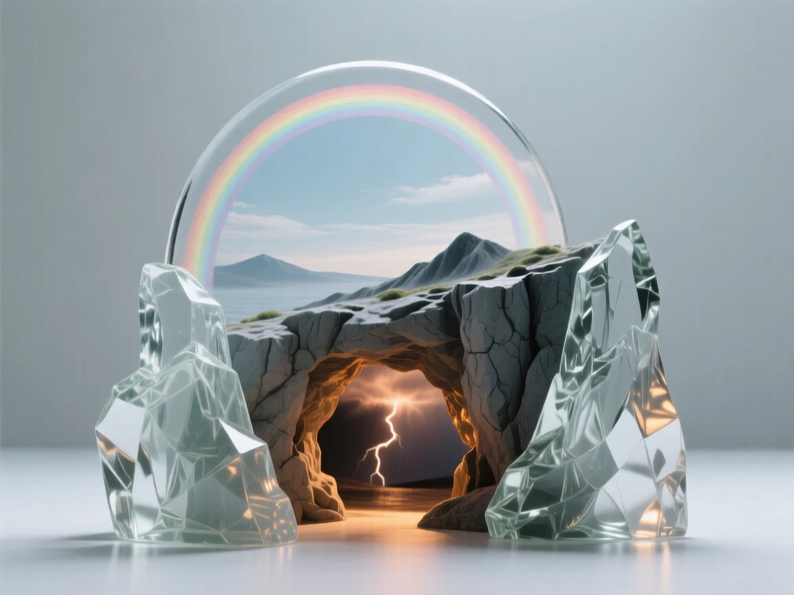 With a distant rainbow arching across the sky, a cave lined with towering rock formations, while distant thunder rolls beyond the far ridge