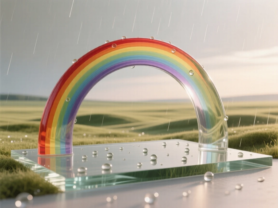 A rainbow arching over a wide open plain after a storm, as a gentle rain moves slowly across the landscape