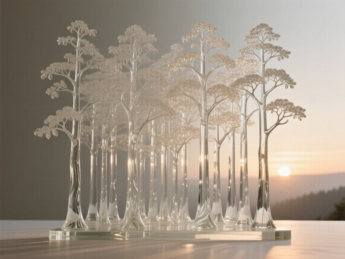 A forest of towering trees with light filtering through the canopy, as the sun rises slowly over the distant horizon