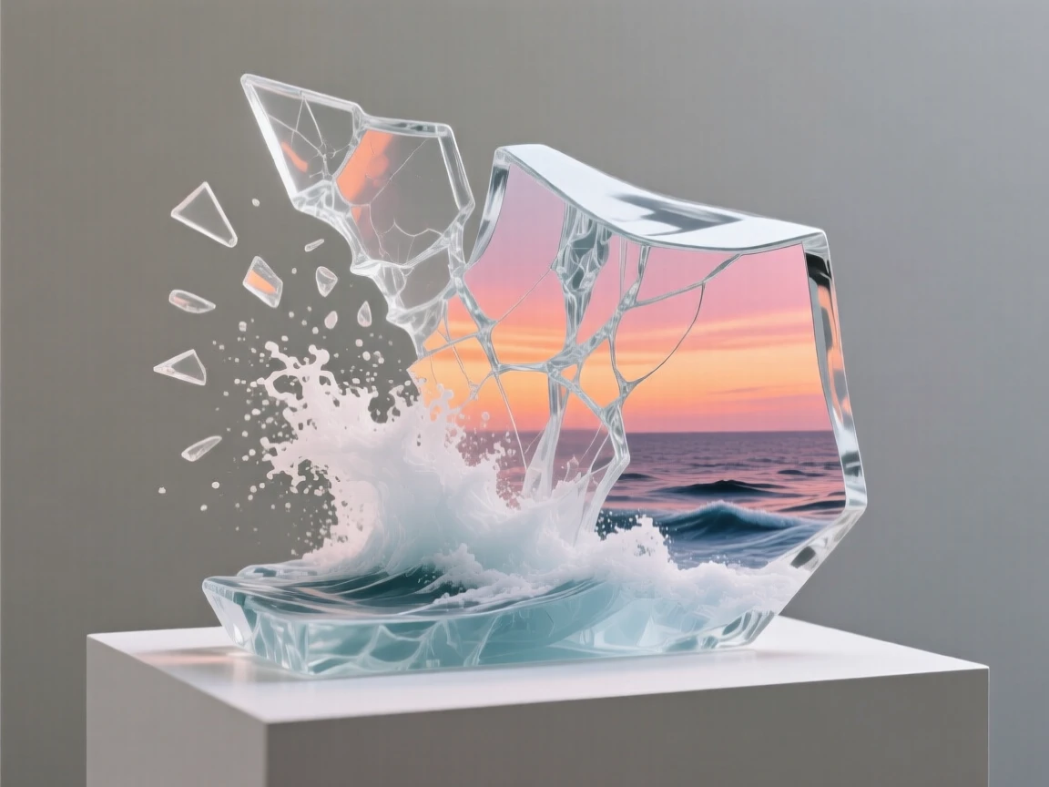 With the horizon glowing in shades of orange and pink, a glacier calving into the sea in a rush of white spray
