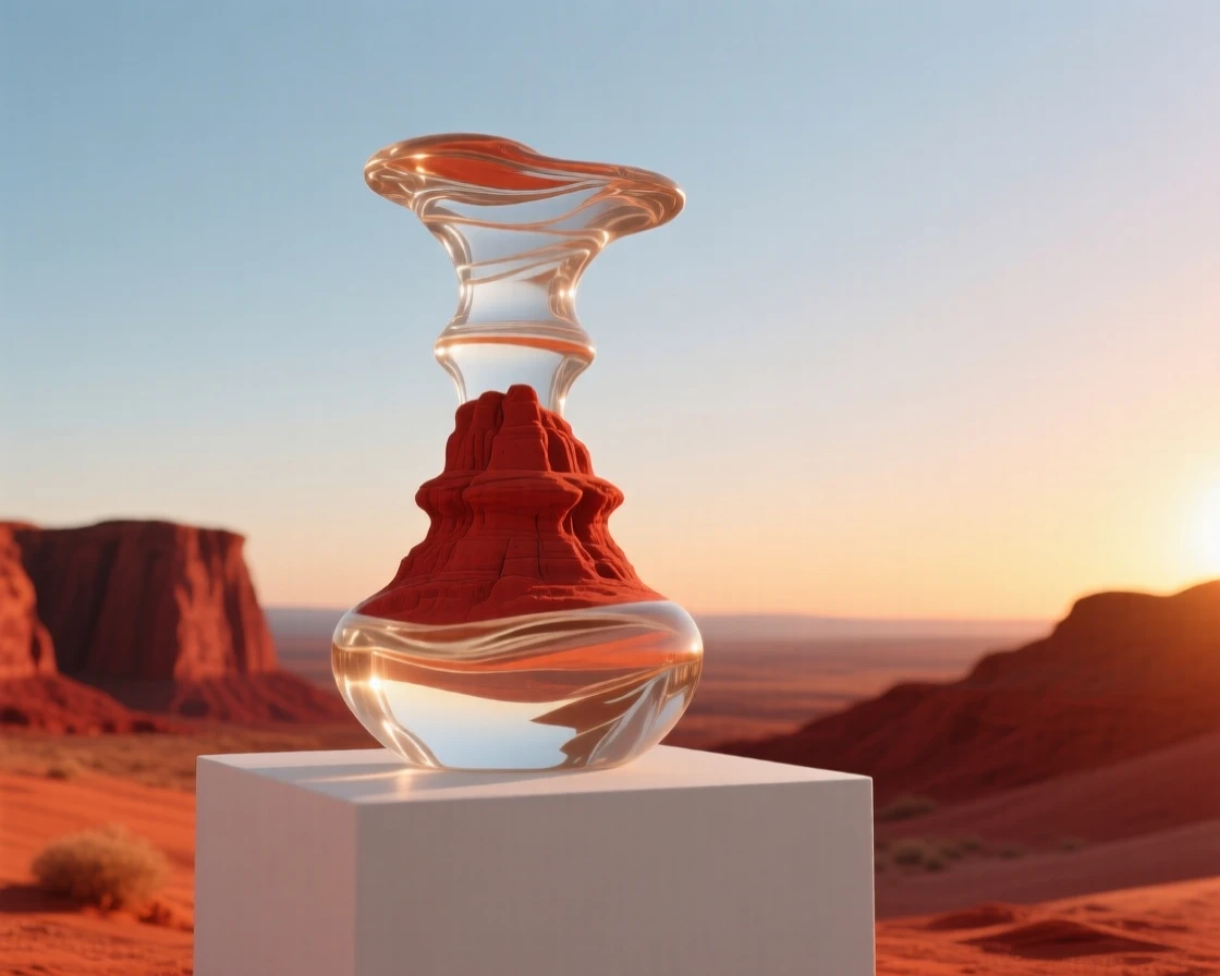 A hoodoo formation rising from a red rock desert as the sun rises slowly over the distant horizon