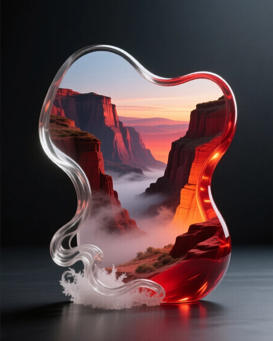 A canyon glowing red and orange in the evening light with mist curling low across the valley floor, while the wind carries the scent of rain across the plain